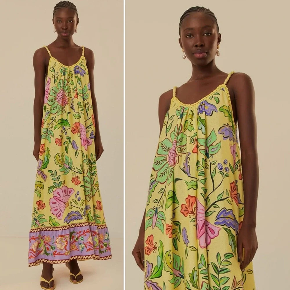 Farm Rio Yellow Floral Insects Flowy Maxi Dress Size Small Sleeveless NWT